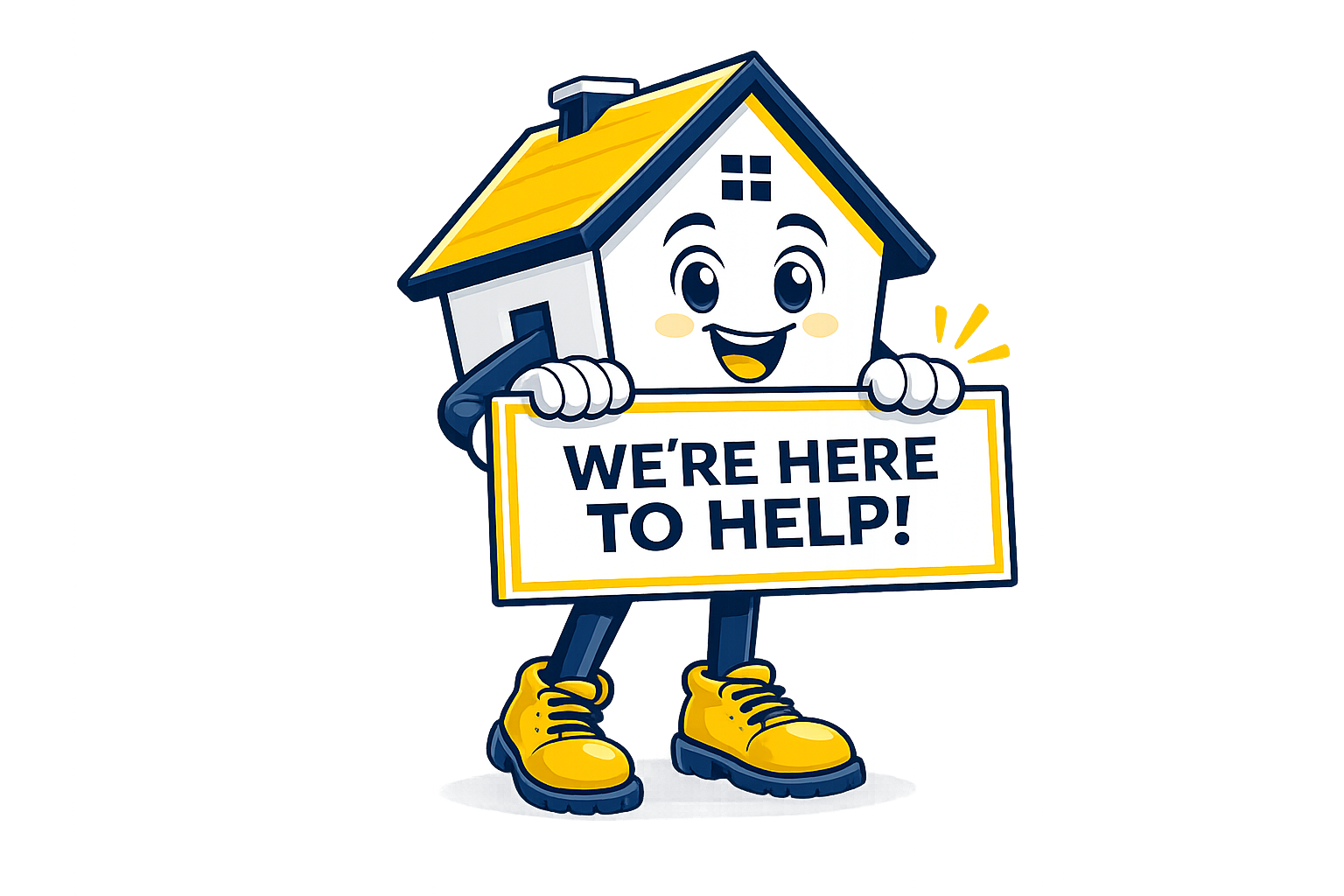 A cartoon house with a smiling face holding a sign that says "We're here to help!" The house has blue arms and legs, yellow shoes and roof, with a cheerful expression.