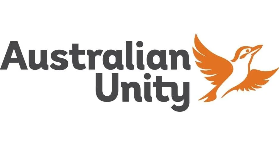Logo of Australian Unity featuring the words 'Australian Unity' and an orange flying bird icon.