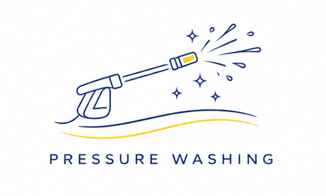 Illustration of a pressure washer sprayer releasing water, with sparkles around it, and the words "Pressure Washing" below.
