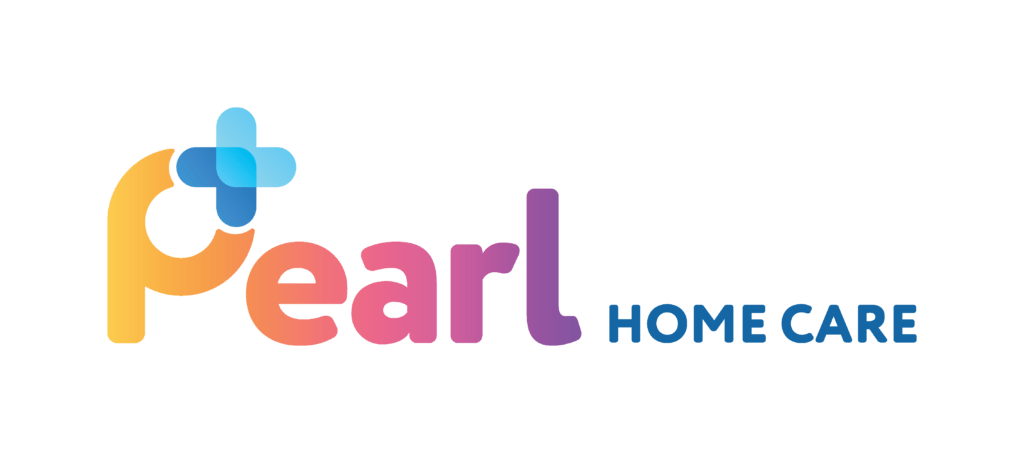 Graphic logo with the word 'Pearl' in colorful letters, featuring a blue cross above the letter 'P', and the words 'HOME CARE' in blue to the right.