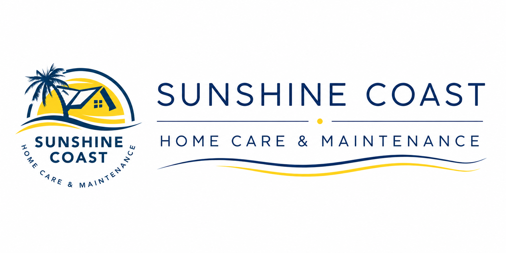Logo for Sunshine Coast Home Care & Maintenance featuring a palm tree, a house, waves, and text with yellow and dark blue colors.