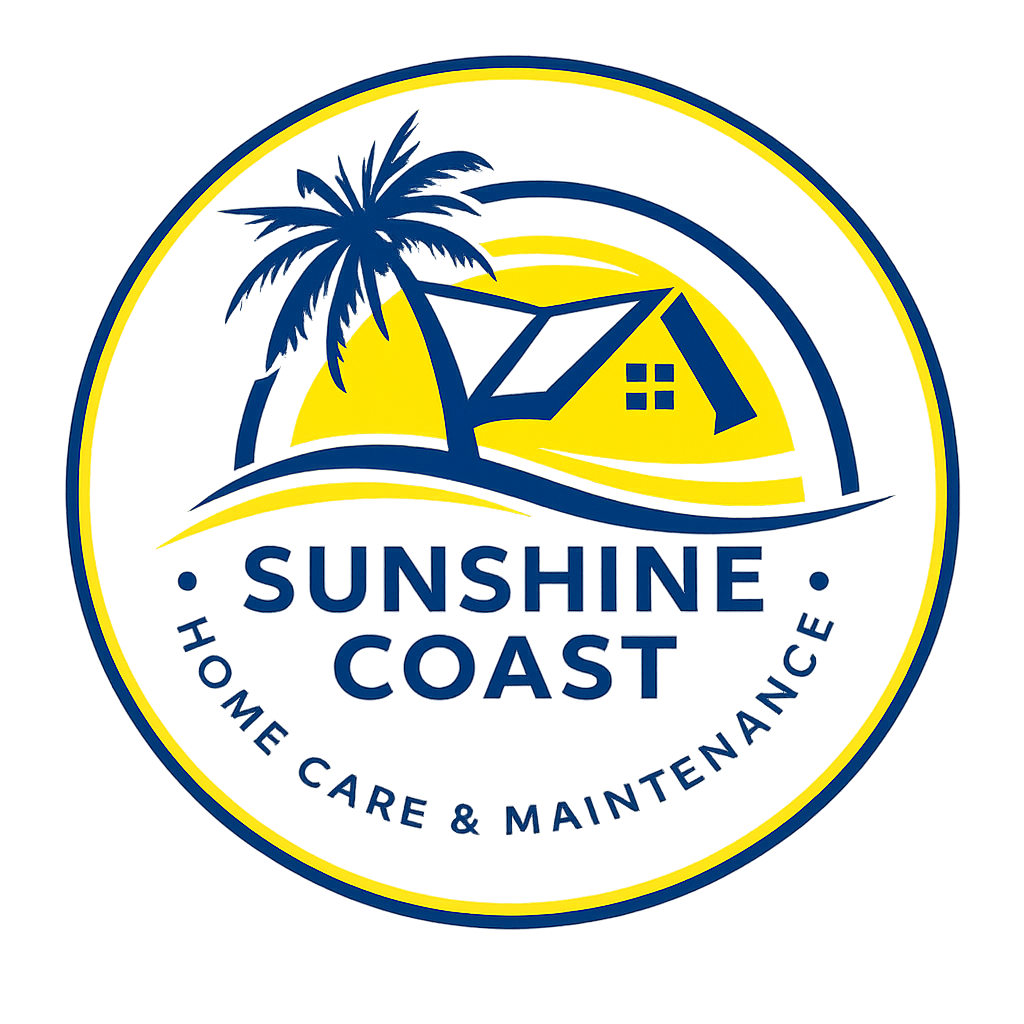 Sunshine Coast Home Care & Maintenance logo featuring a house, palm tree, sun, and yellow and blue colors with text.