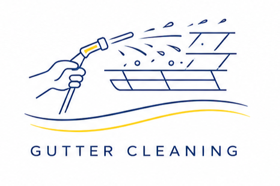 Illustration of a hand pressure washing a gutter with water spray, with the text GUTTER CLEANING beneath.