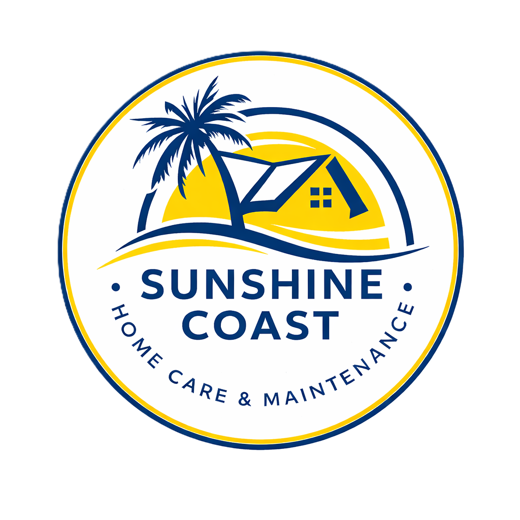 A circular logo for Sunshine Coast Home Care & Maintenance featuring a palm tree, a house, and a hammock, with a blue and yellow color scheme.