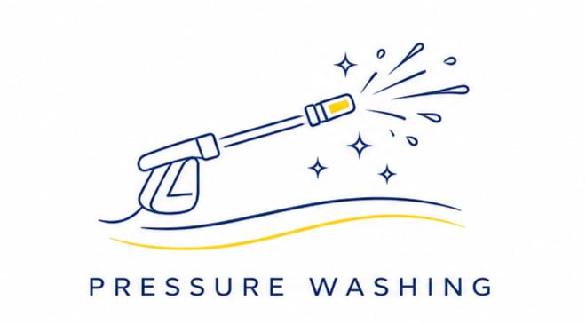Illustration of a pressure washer spray wand with foam or soap being sprayed, surrounded by sparkles, and the words 'Pressure Washing' beneath it.