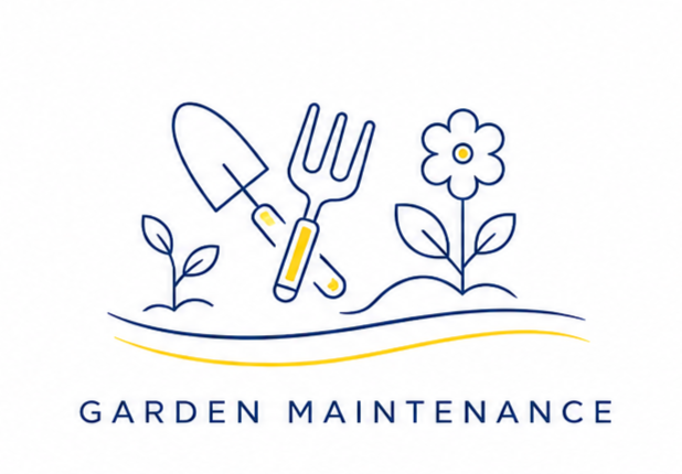 Illustration of a gardening trowel and fork crossed over a small plant and a larger flowering plant, with the text 'Garden Maintenance' below.