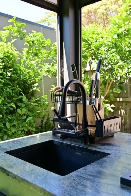 Outdoor sink and tapware installed on alfresco granite benchtop, Heidelberg