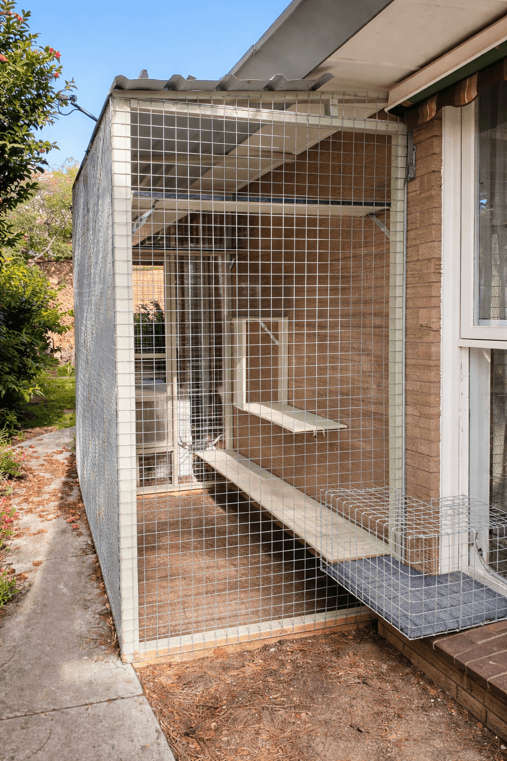 Steel mesh catio with play shelves, sandpit and indoor tunnel access, Kew