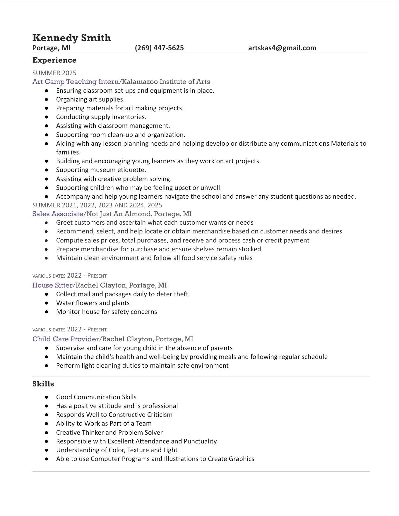 A resume document for Kennedy Smith, listing experience as an art camp teaching intern, sales associate, house sitter, and child care provider, with skills including communication, teamwork, creativity, and computer proficiency.