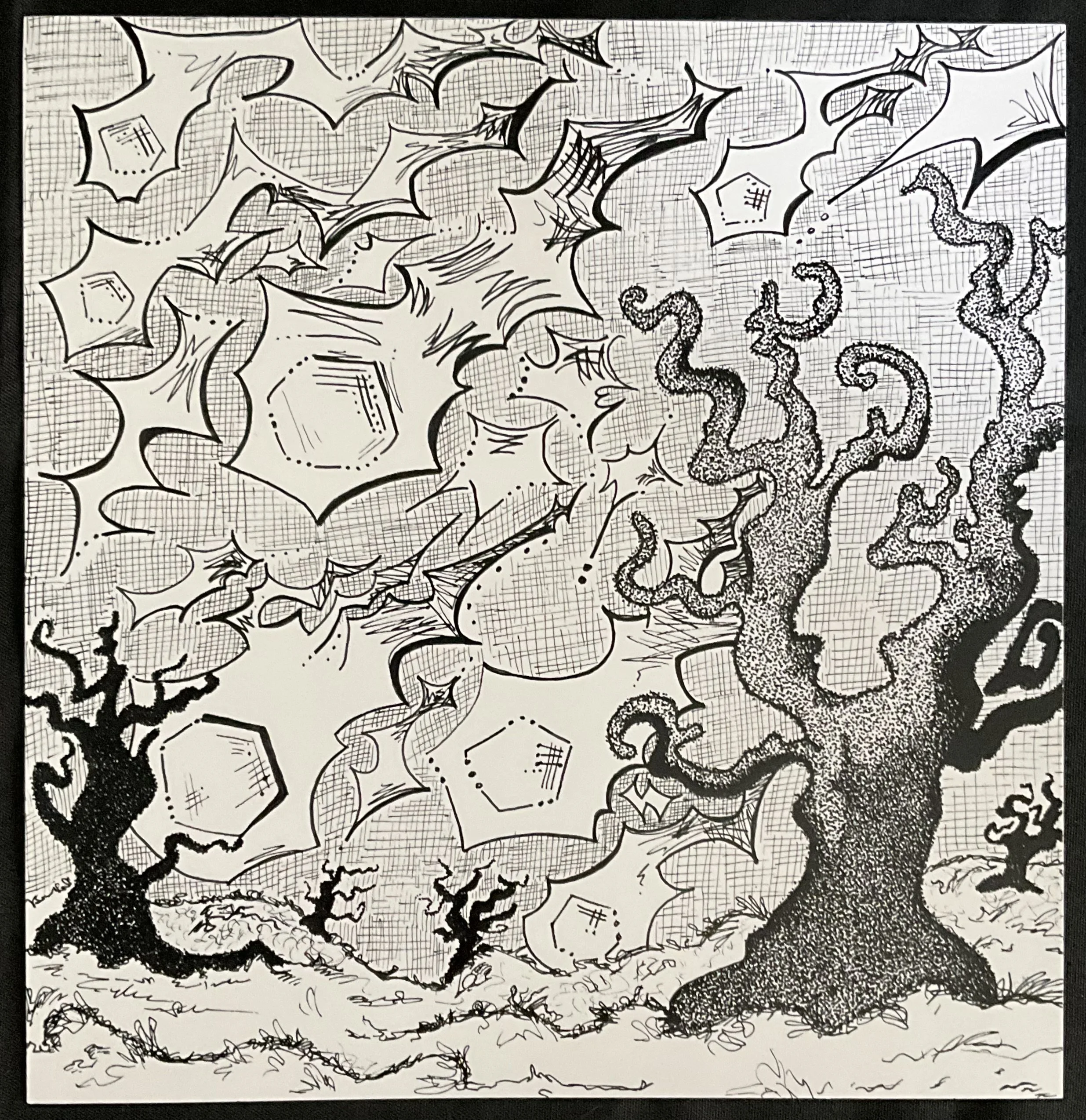 Black and white drawing of a spooky, twisted tree with gnarled branches, set in a landscape with smaller trees and ground details. The sky is filled with comic-style explosive shapes, dots, and cross-hatching, creating a dynamic and eerie atmosphere.