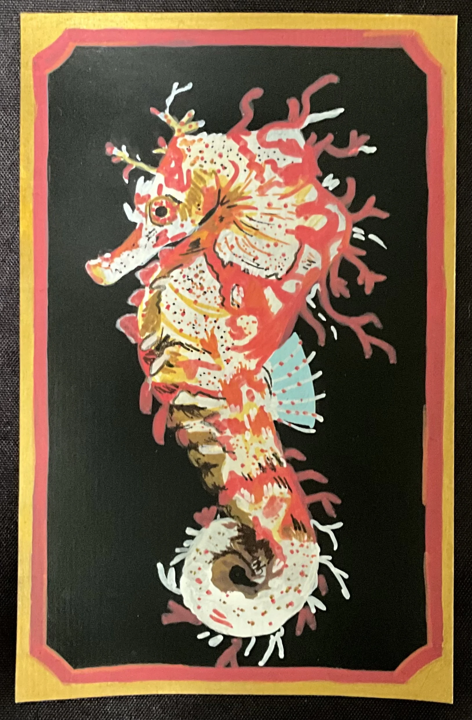 “Red Thorny Seahorse” 
Medium: Acrylic paint pens 
Spring 2026