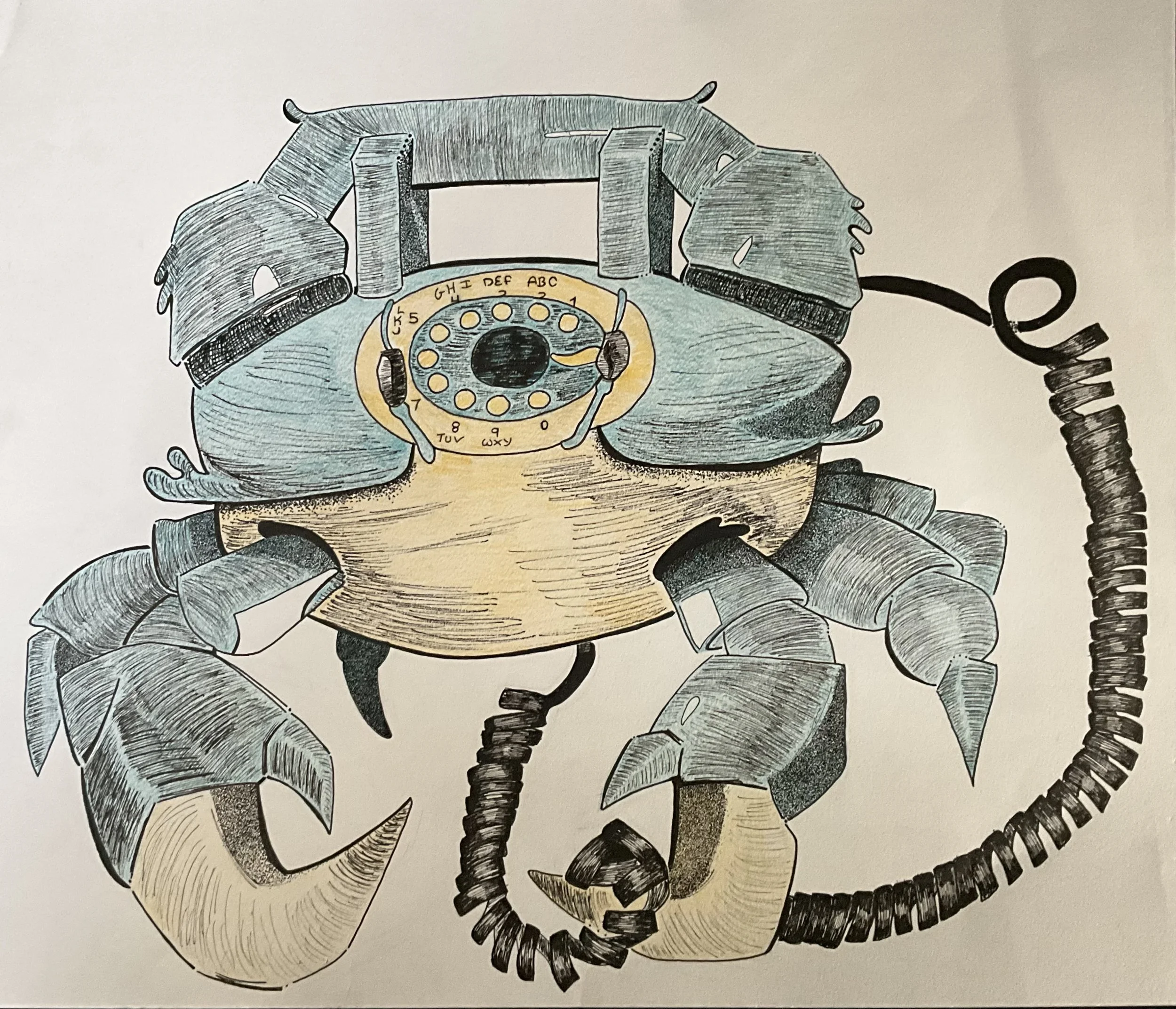 “Crab-phone”
Medium: Ink&pen, color pencil 
Winter 2025
