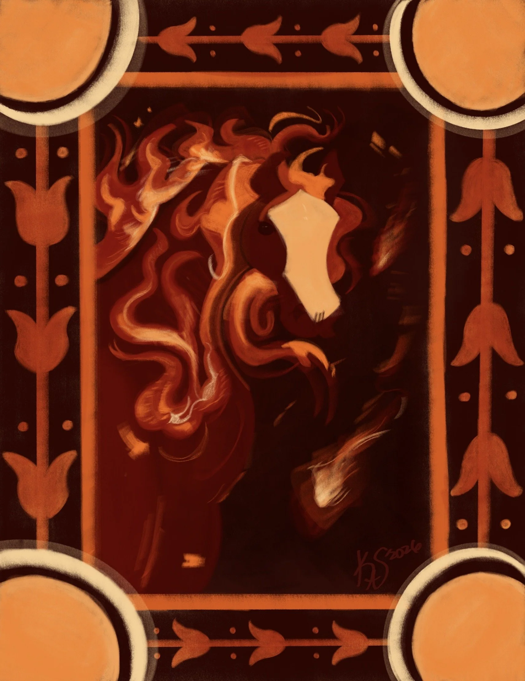 Abstract painting of a horse's head in profile, with fiery mane, on a dark background surrounded by floral borders in orange and black tones.