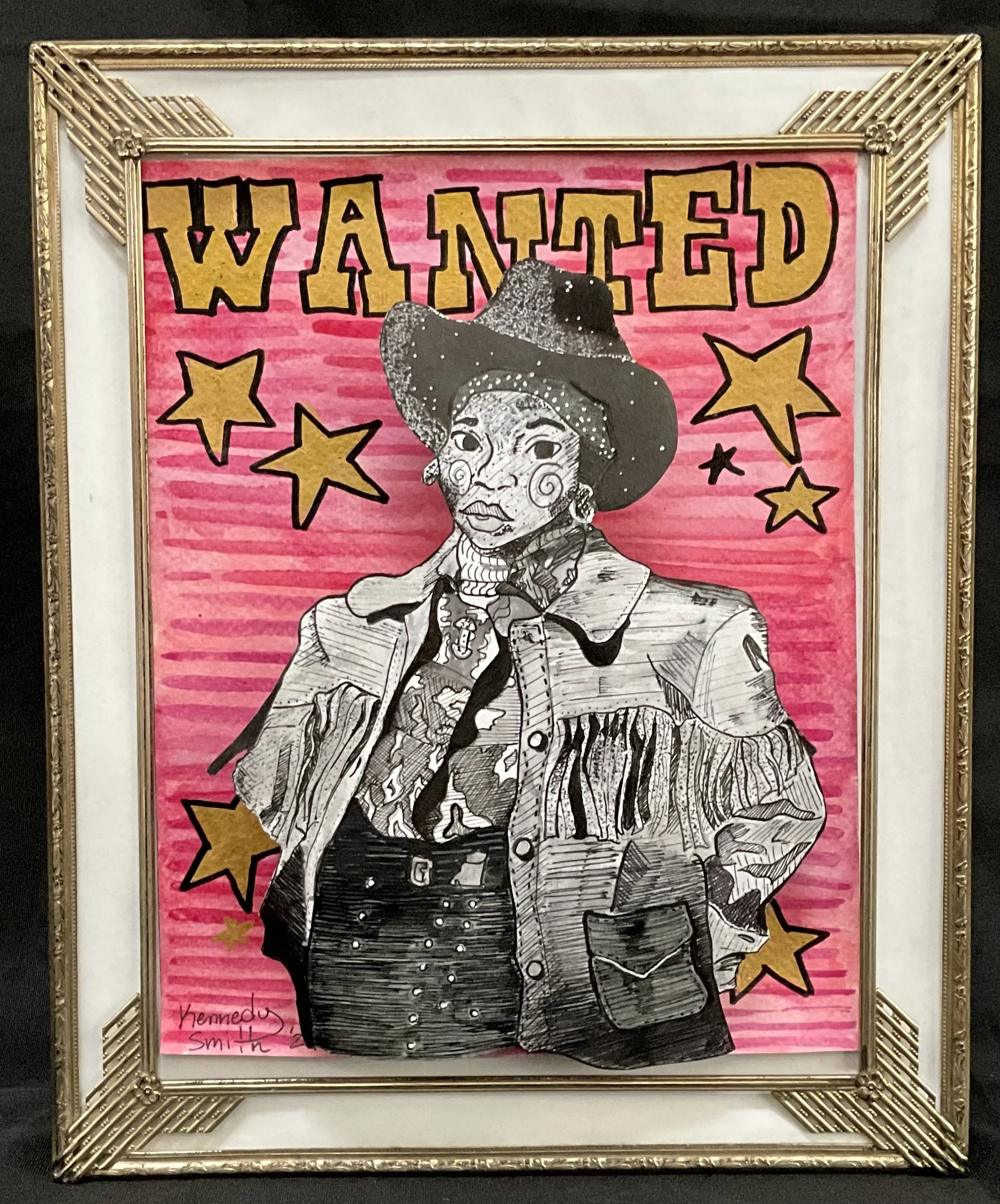“Wanted” 
Medium: Ink&pen, watercolor, acrylic paint pens
Spring 2024