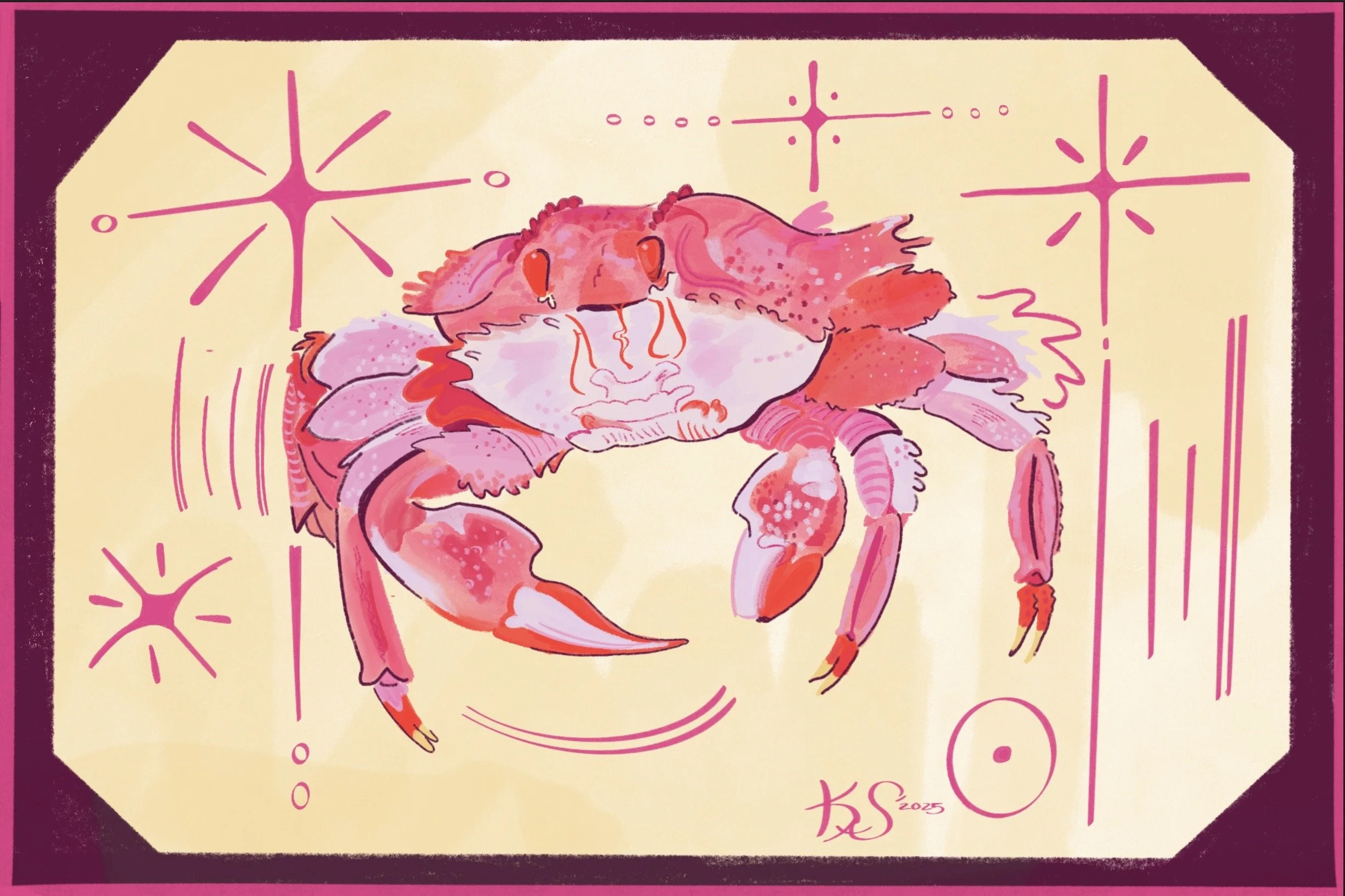 A pink and red cartoon crab illustration with glowing star-like accents around it, against a pale yellow background framed in dark pink.