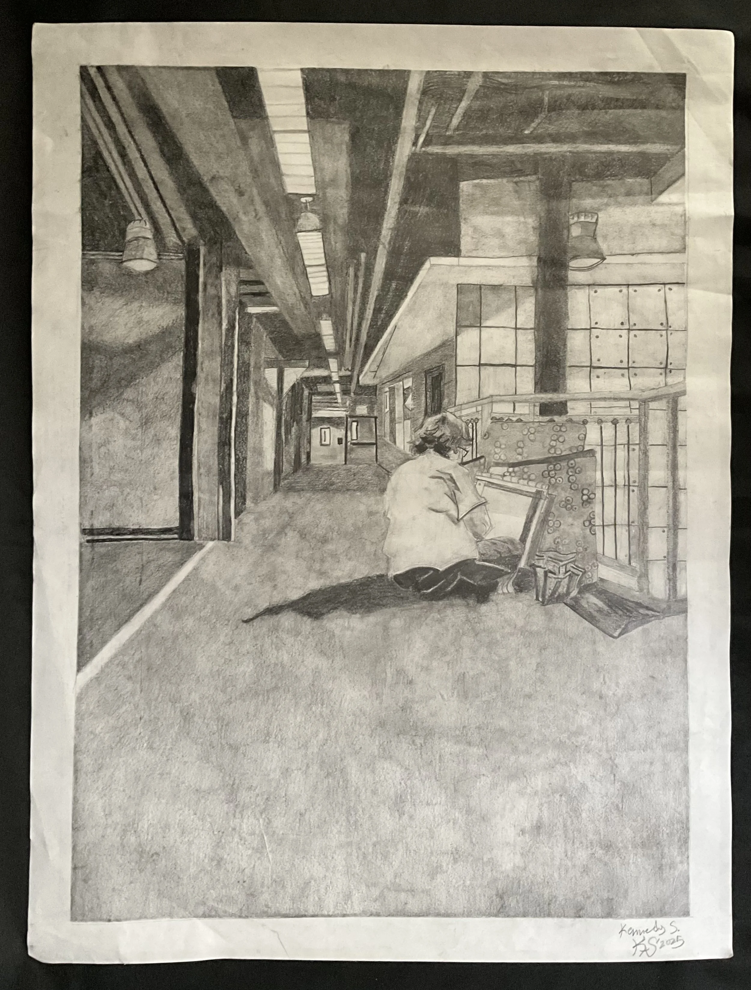 “One-Point Perspective Study” 
Medium: Graphite and charcoal 
Spring 2025