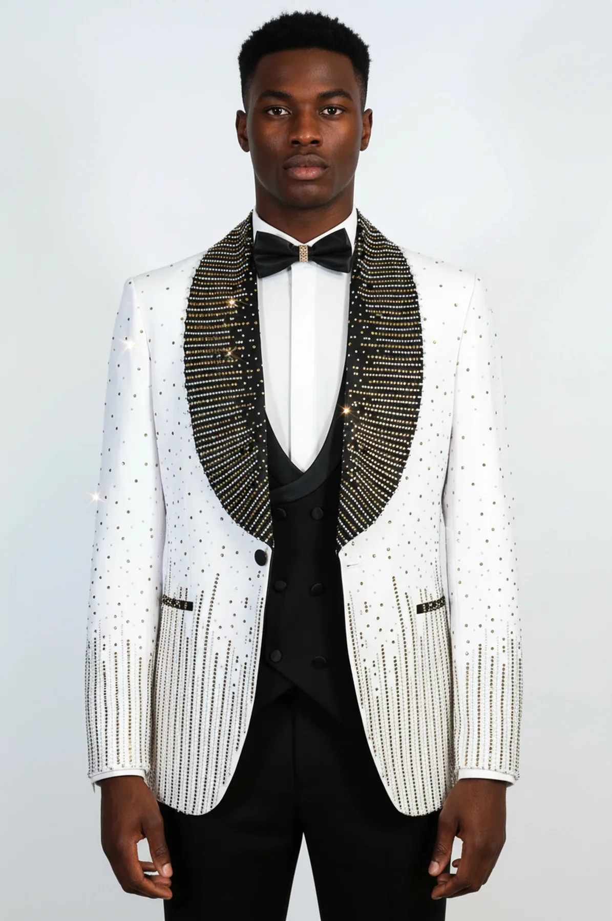 Men's Deluxe White Tuxedo with Black and Gold Accents