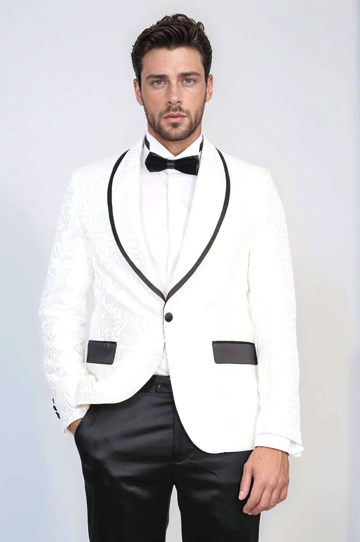 Men's White Floral Tuxedo with Black Accents