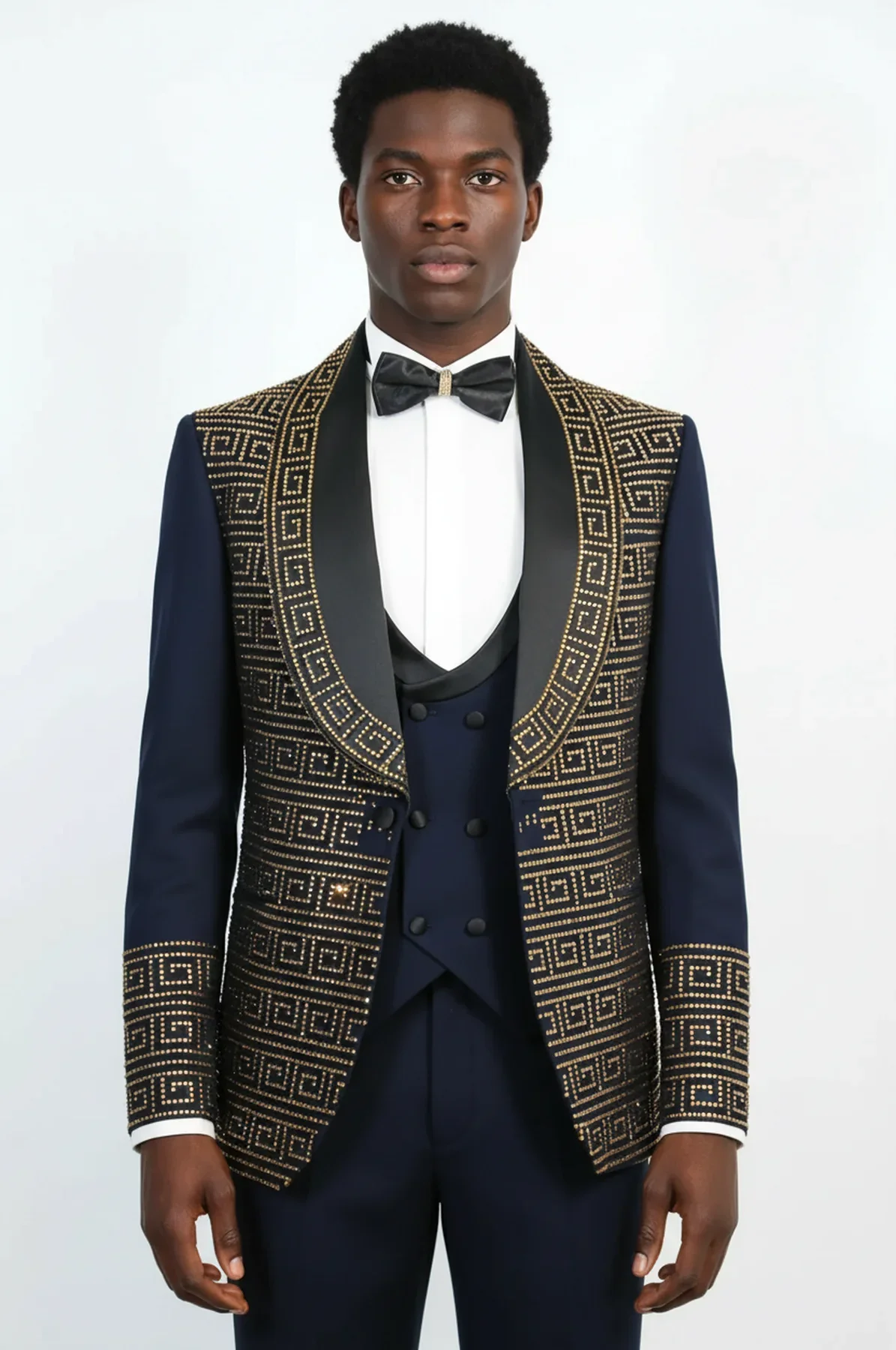 Men's Navy Blue and Gold Embellished Tuxedo