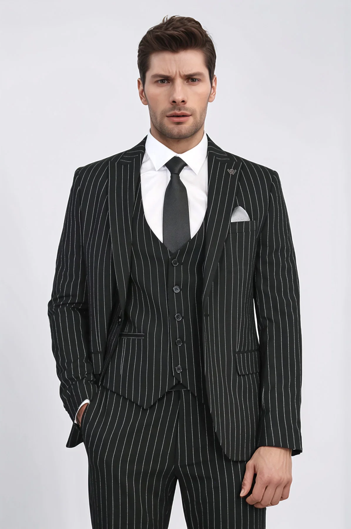 Black Pinstripe Three-Piece Suit