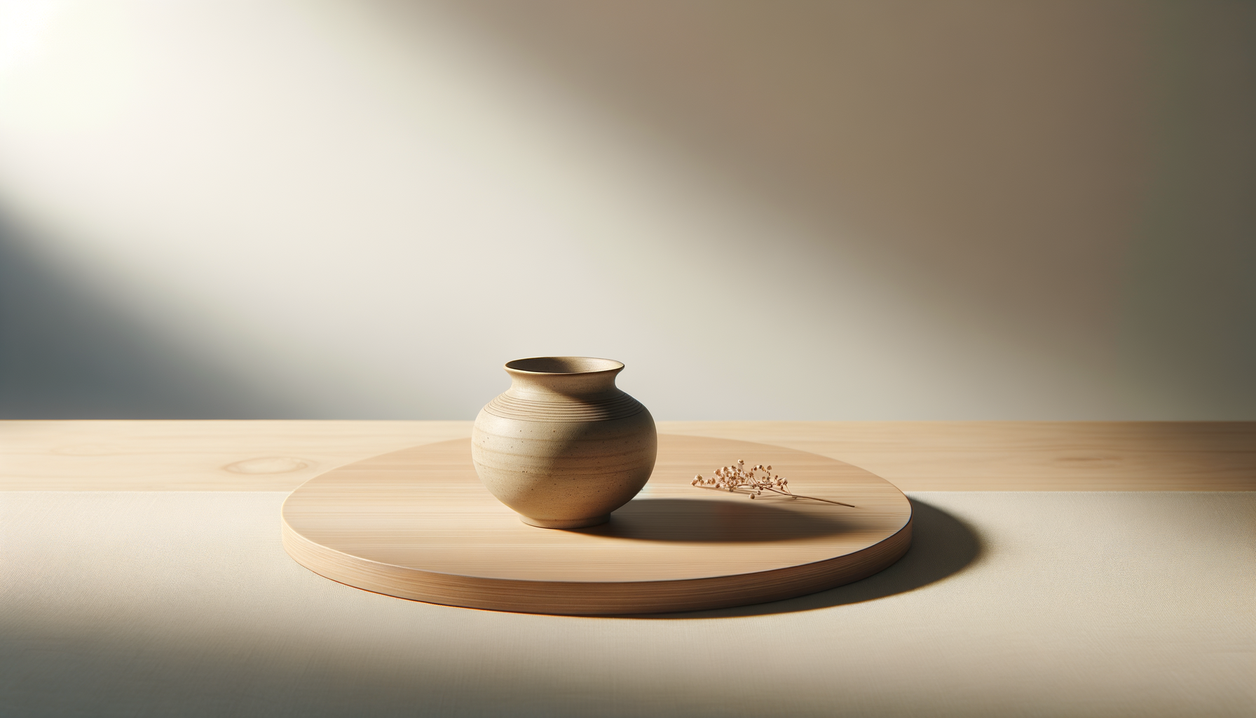 A small beige ceramic vase on a round wooden platform, with a tiny dried flower next to it, on a table with soft light creating shadows.
