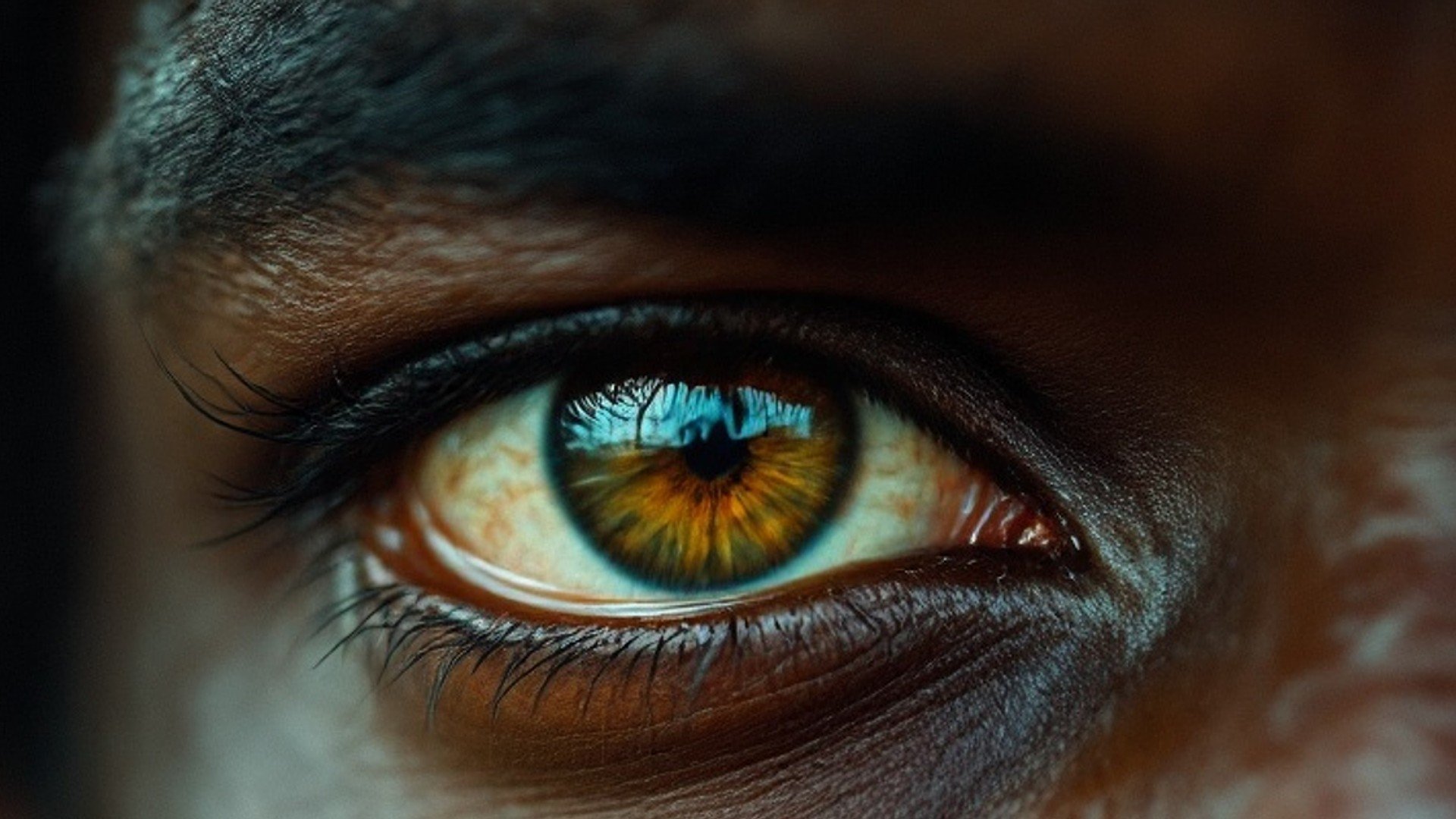 Close-up of a human eye with a blue and orange iris, detailed eyelashes, and surrounding skin visible.