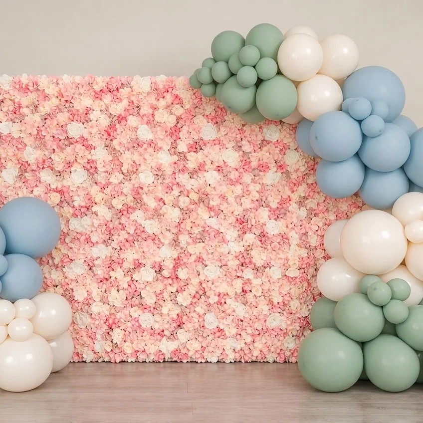 Blooming backdrop with balloon garland