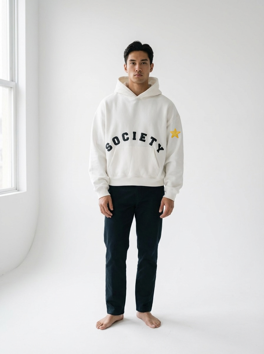 The Society White Hoodie front far view - SOCIETY arc logo