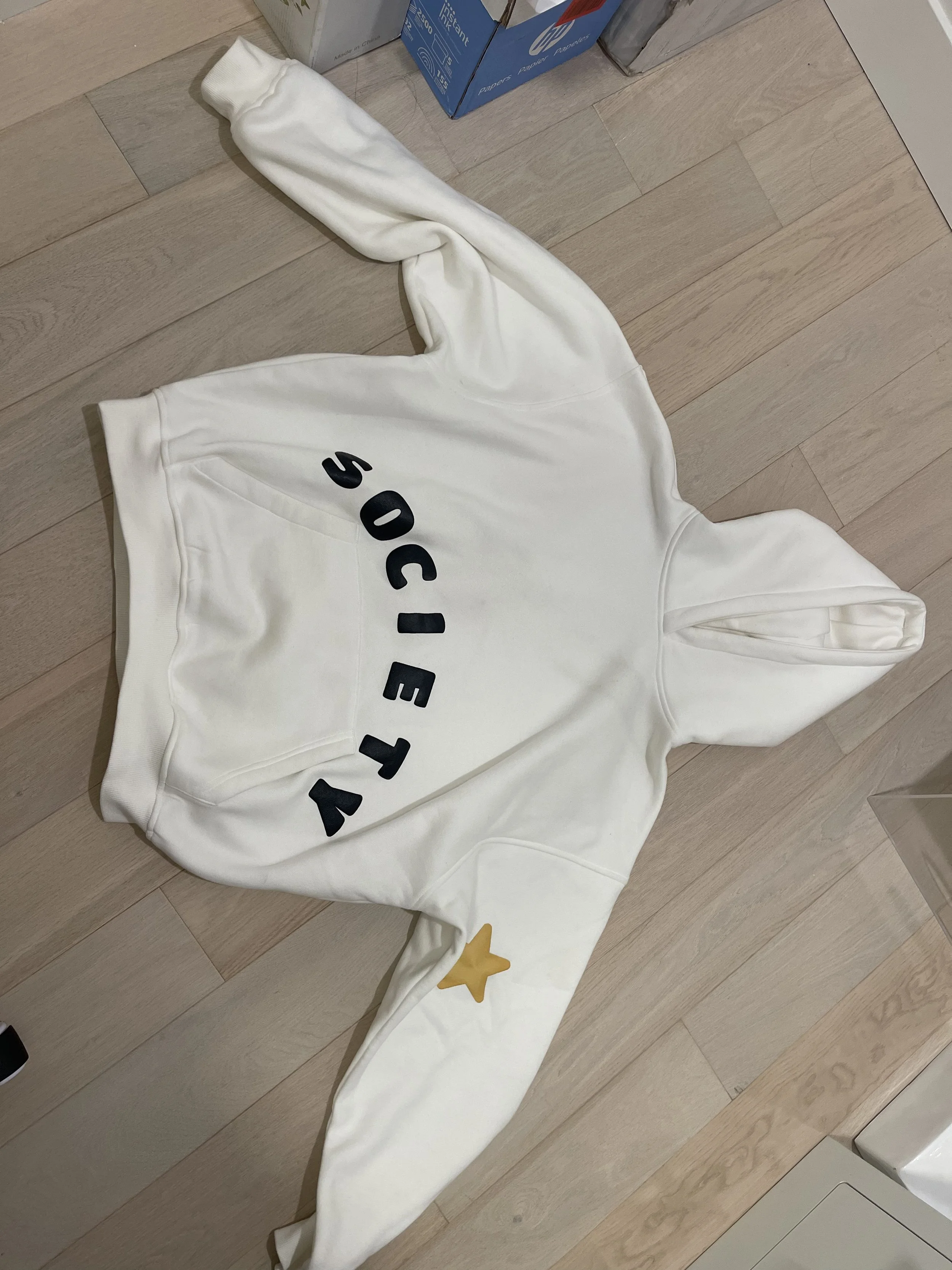 The Society White Hoodie front lay view - SOCIETY arc logo