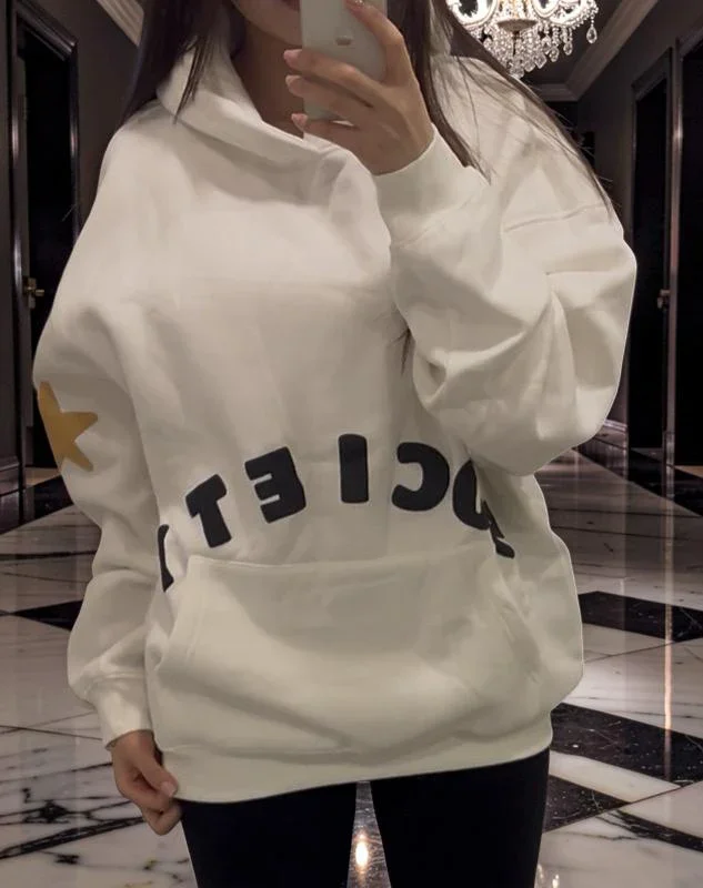 Original white Society hoodie fit reference, model is 5′9″ / 175 cm wearing size L.