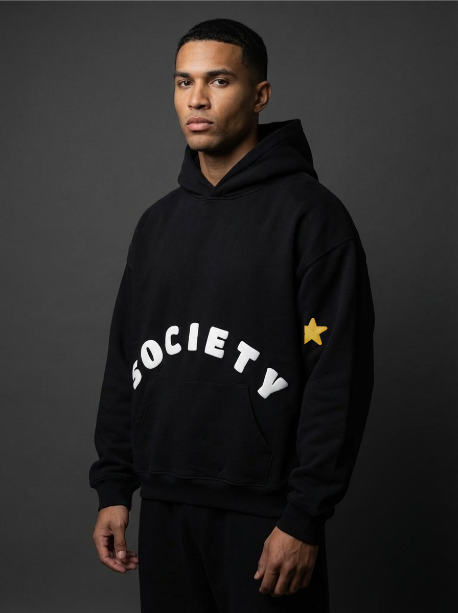 The Society Black Hoodie side view male - SOCIETY arc logo