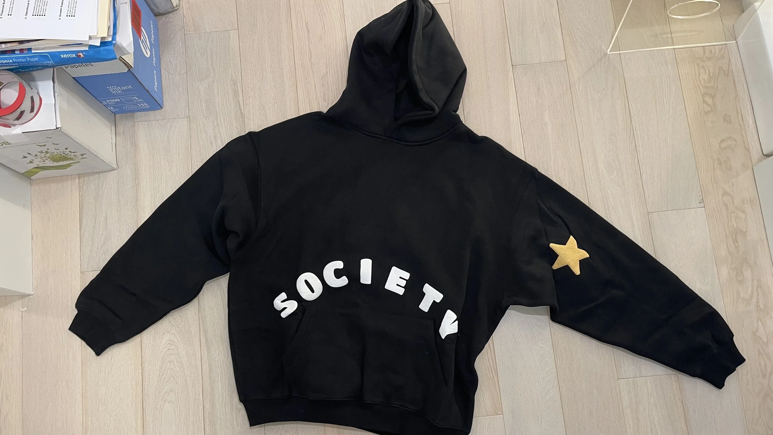 The Society Black Hoodie front lay view - SOCIETY arc logo