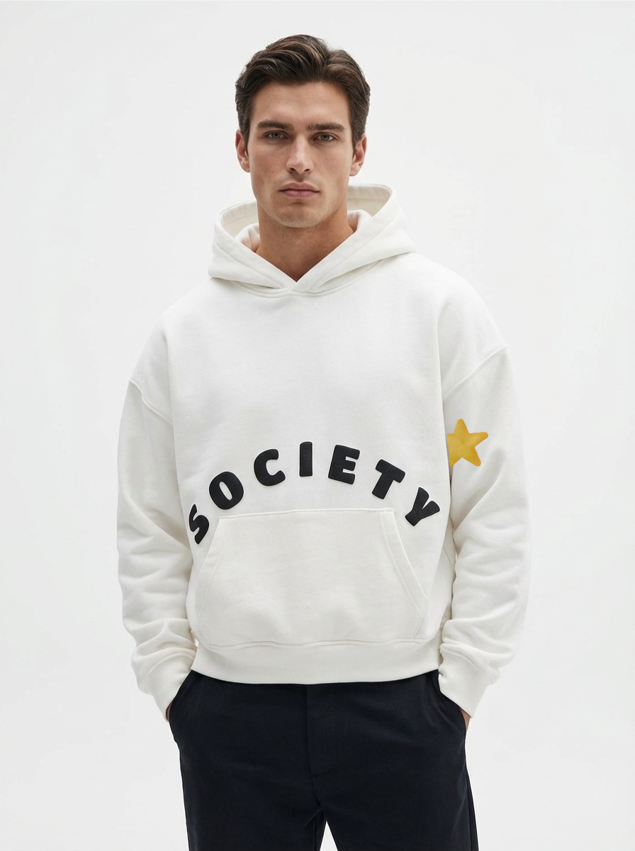 The Society White Hoodie front view male - SOCIETY arc logo