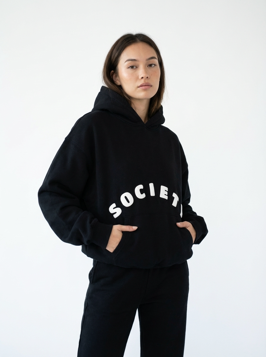 The Society Black Hoodie side view female - SOCIETY arc logo