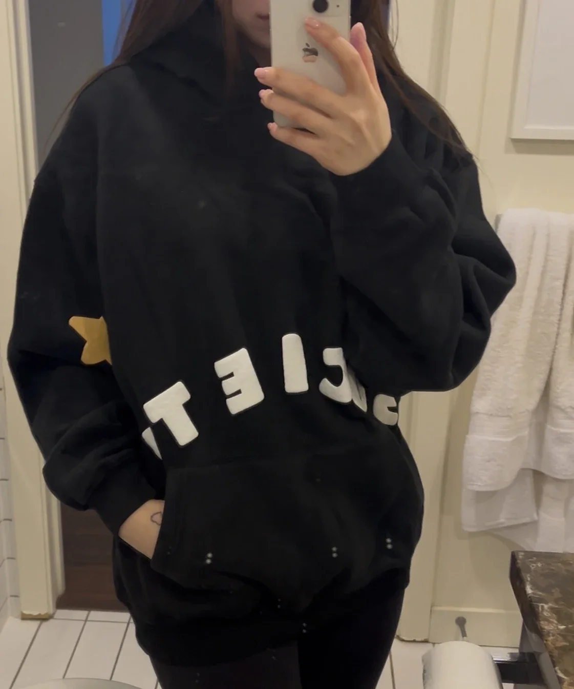 Original fit reference for OBJECT 001 in Black, showing the cropped wide silhouette and white puff SOCIETY lettering.