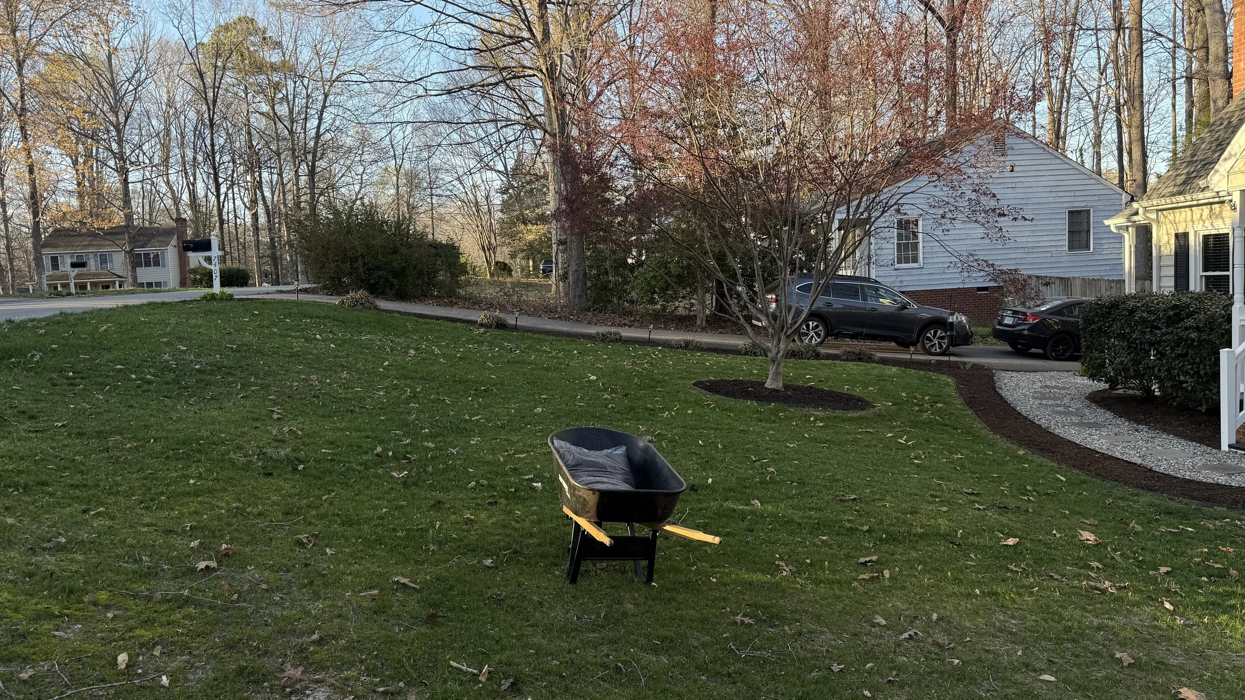 A suburban front yard with a wheelbarrow on the grass, a small tree, and cars parked in driveways. There are houses in the background with trees and clear sky.