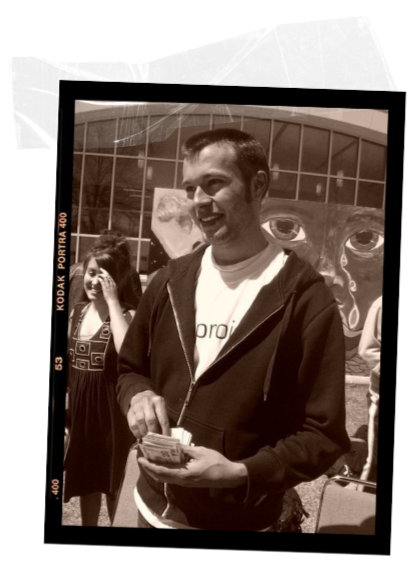 A sepia picture of Dan Wilson on the Winona State University (WSU) campus.