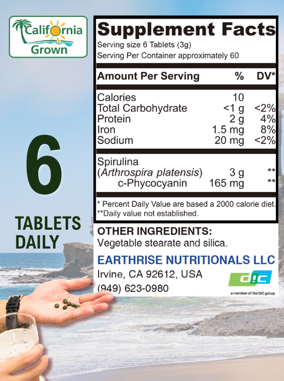 Earthrise California Grown Spirulina Tablets supplement facts panel with recommended daily serving of six tablets.