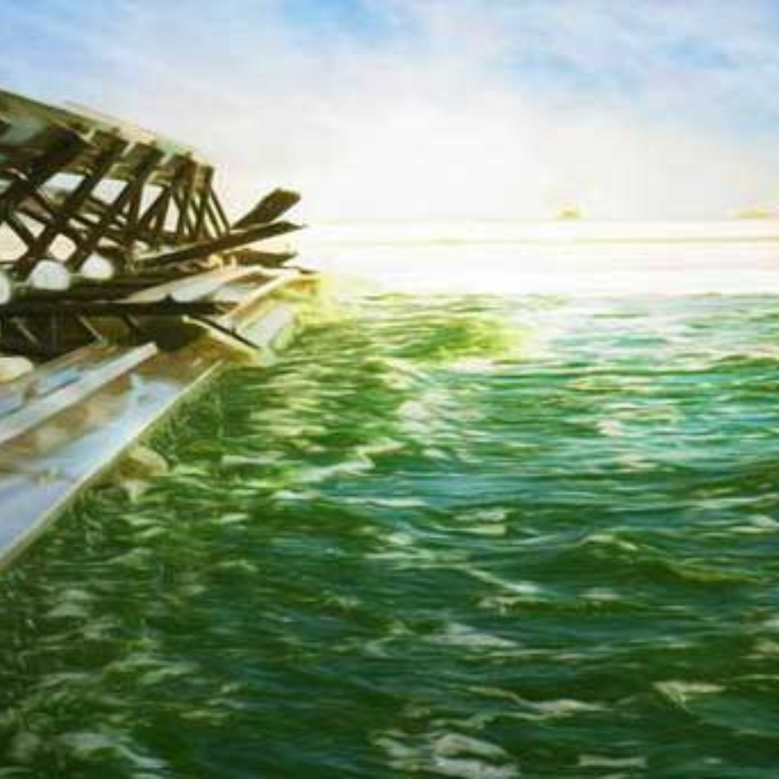 Wreckage of a wooden pier or dock partially submerged in greenish water under a cloudy sky.