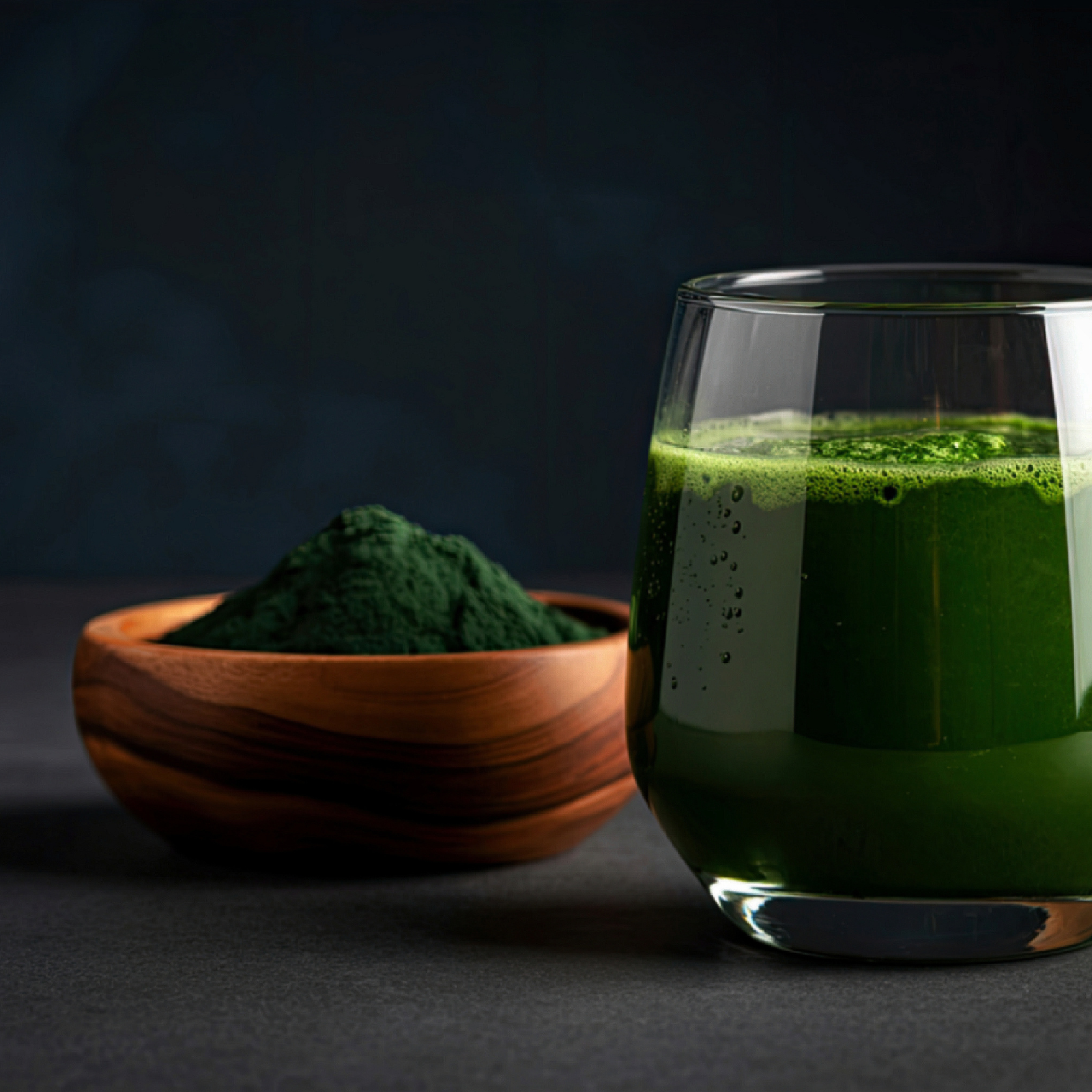 Glass of green matcha tea and a wooden bowl filled with green powdered matcha on a dark surface.