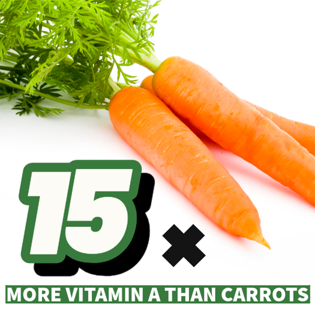 Three fresh carrots with leafy green tops on a white background, accompanied by bold text indicating "15" times more vitamin A than carrots.