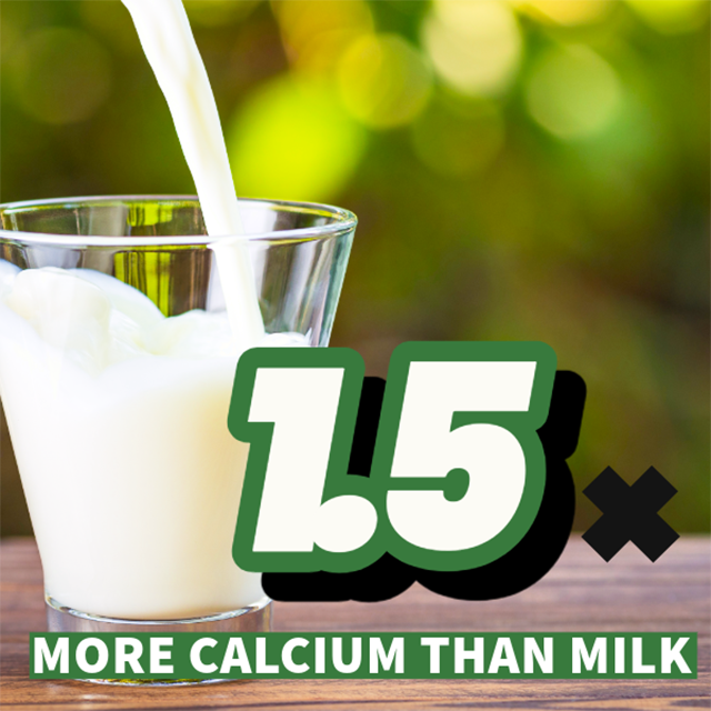 A glass of milk with a splash being poured into it, with a background of blurred green foliage, and a text overlay that says 'L45+' and 'More Calcium Than Milk'.