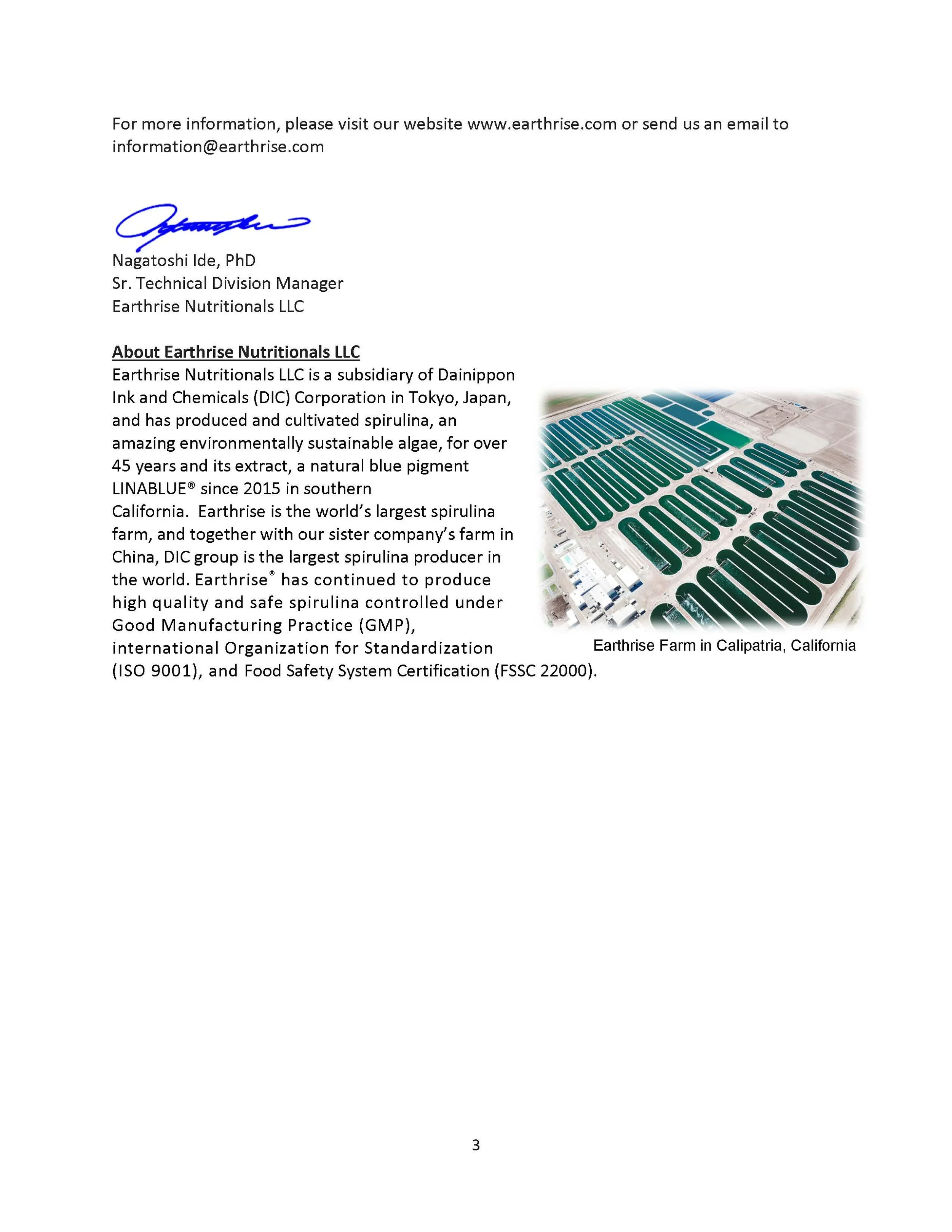 Letter from Nagatoshi Ide, Sr. Technical Division Manager of Earthrise Nutritional LLC, with a photo of Earthrise spirulina farm in Calipatria, California, showing green spirulina in large rectangular ponds.
