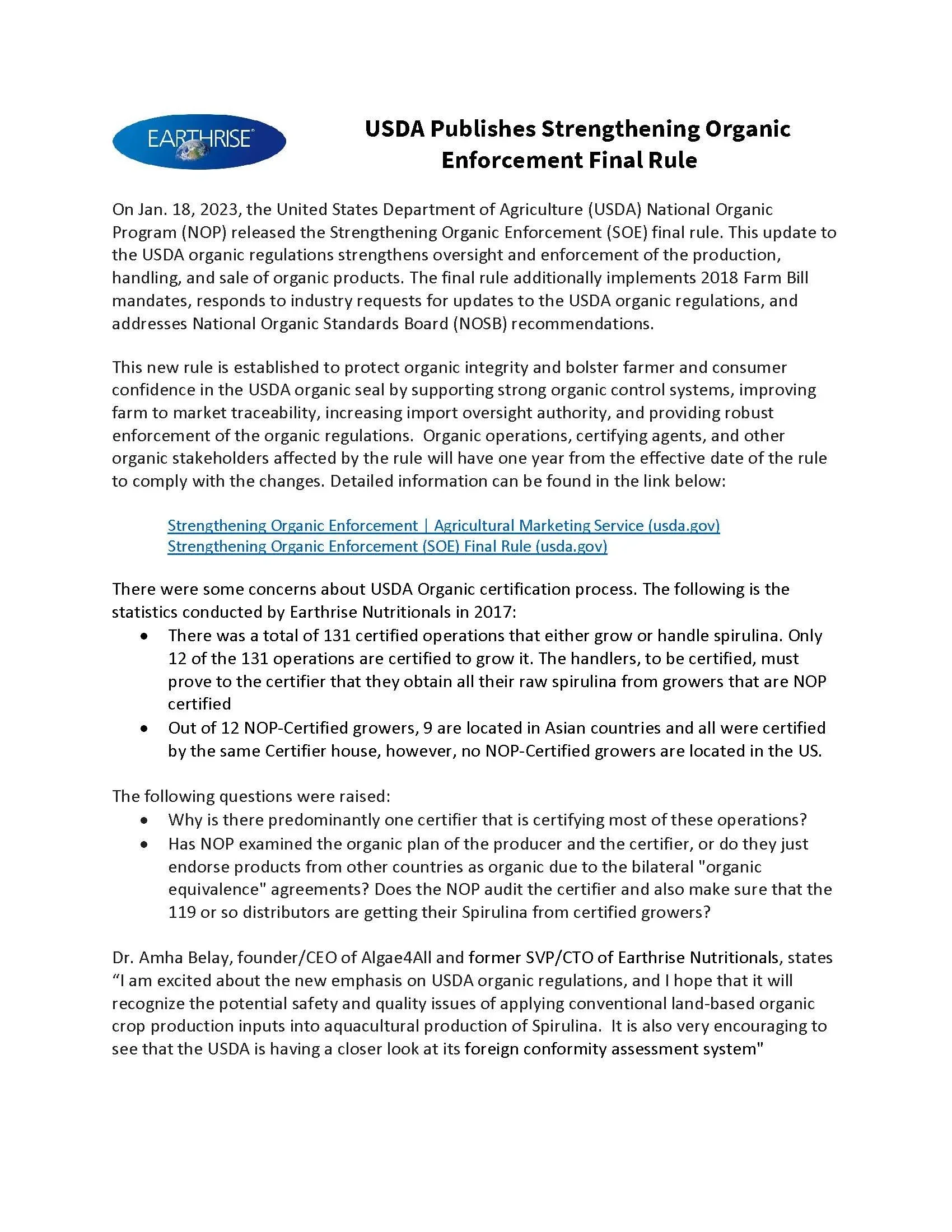 USDA announces final rule to strengthen organic enforcement, details on certification and concerns, with links for more information.
