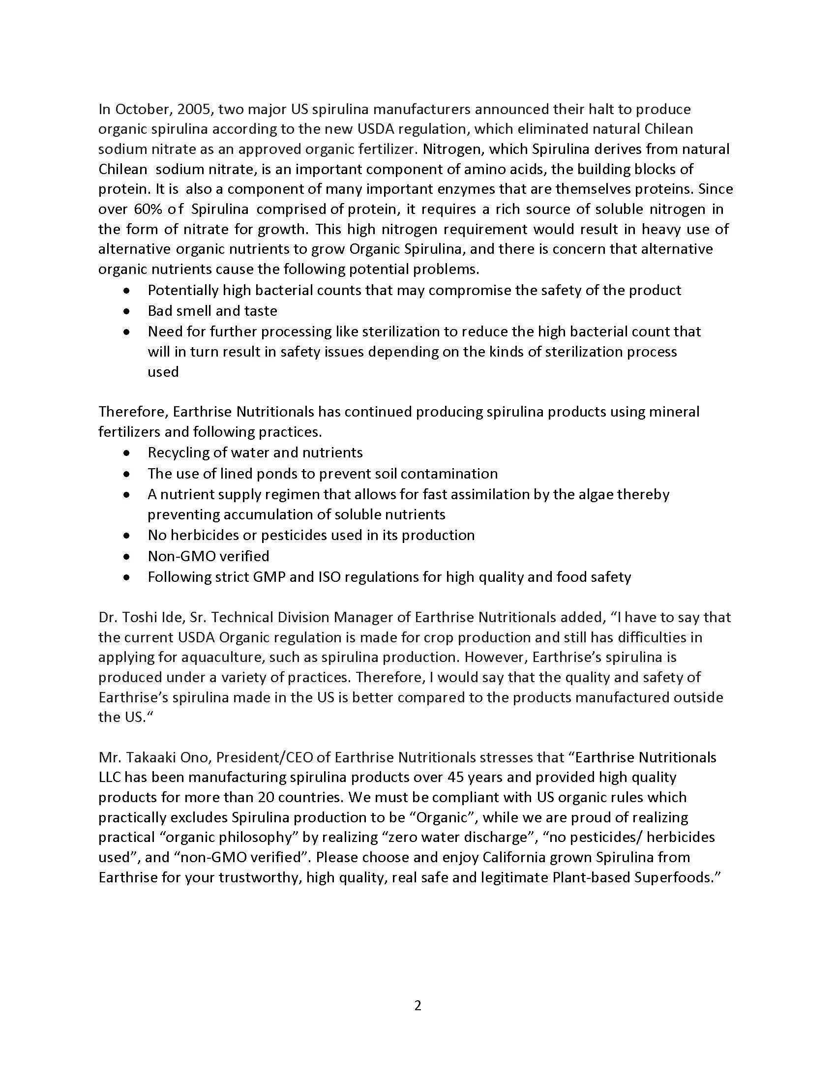 Page of a document discussing the halt of synthetic spirulina production in 2005, environmental and safety practices of Earthrise Nutritional's spirulina production, and statements from company officials about quality, safety, and compliance with org