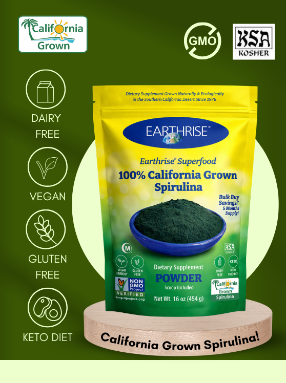 Earthrise 100% California Grown Spirulina Powder with vegan, gluten-free, dairy-free, and keto-friendly attributes.