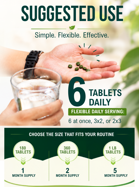 Earthrise California Grown Spirulina Tablets with suggested daily serving and available package sizes.