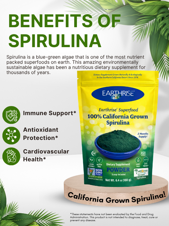 Earthrise 100% California Grown Spirulina Powder highlighting key nutritional benefits and wellness support.