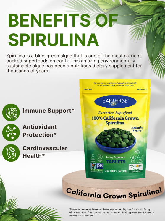 Earthrise 100% California Grown Spirulina Powder highlighting key nutritional benefits and wellness support.