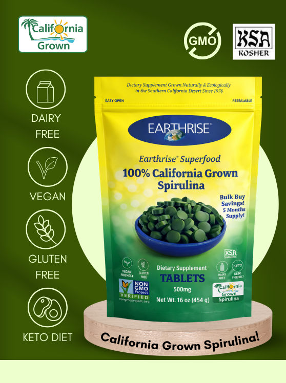 Earthrise 100% California Grown Spirulina Powder with vegan, gluten-free, dairy-free, and keto-friendly attributes.
